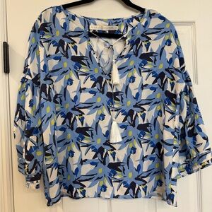 Marie Oliver Blue Floral Silk Long Sleeve Blouse Top Tassel Neck Tie Womens XS
